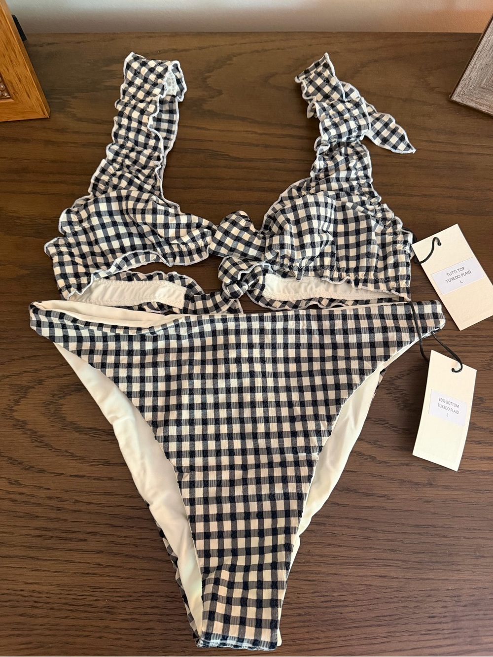 Check Gingham Ruffle Bikini Set - Navy/White